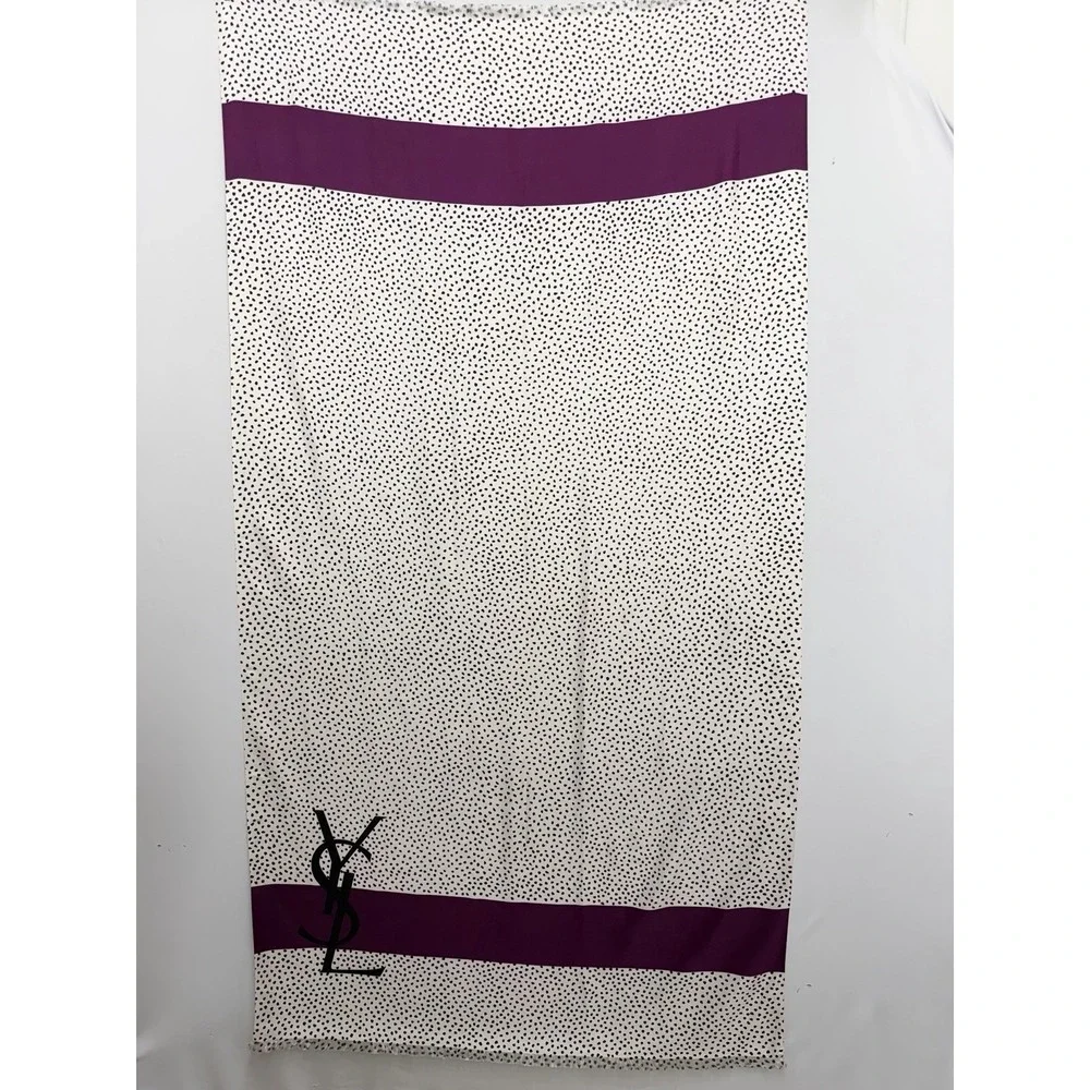 Vintage YSL 100% Silk Shawl Scarf Purple Wide Stripe Black White Dots 36